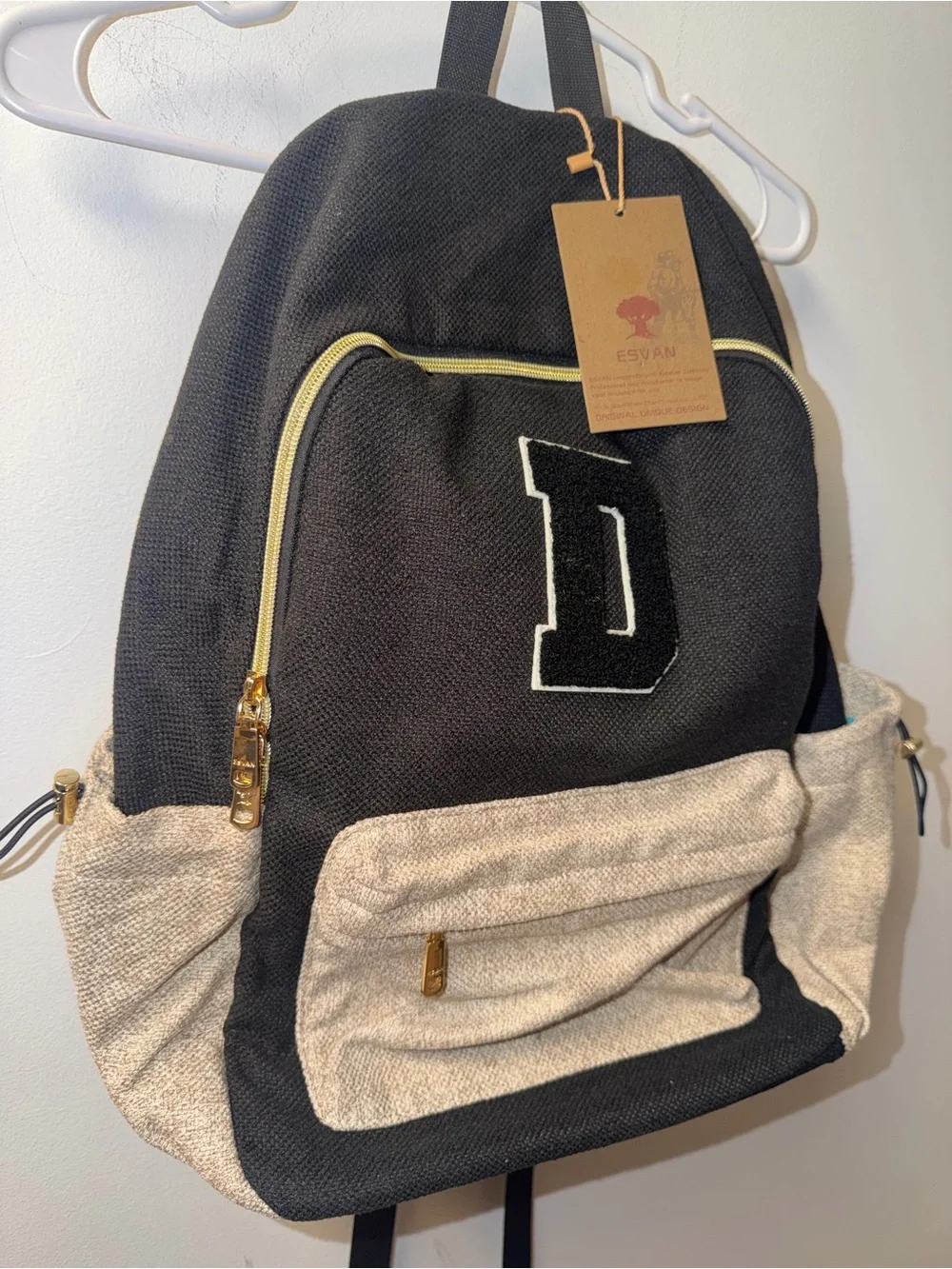 Black and Cream Canvas Backpack with 'D' Patch